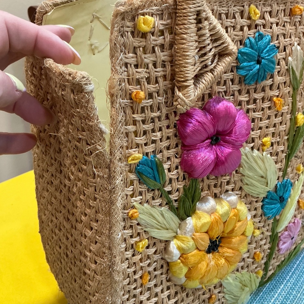 Cabana Tote Bag Vintage OS Tan Woven Straw Floral Embroidered Basket Bag - Picture 5 of 11